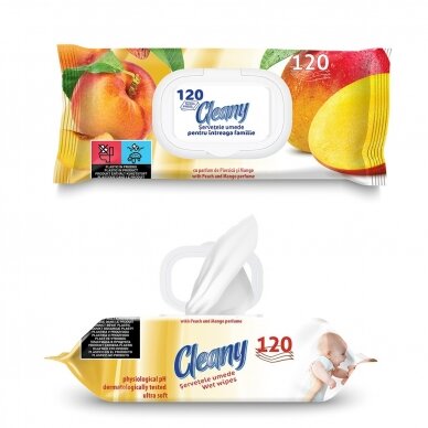 Drėgnosios servetėlės CLEANY PEACH & MANGO, 120 vnt